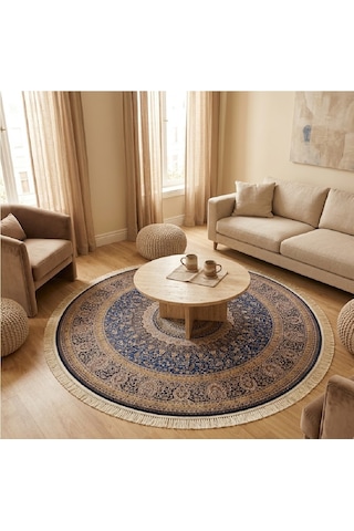 Safir 200 X 200 Yuvarlak İpek Halı Mavi