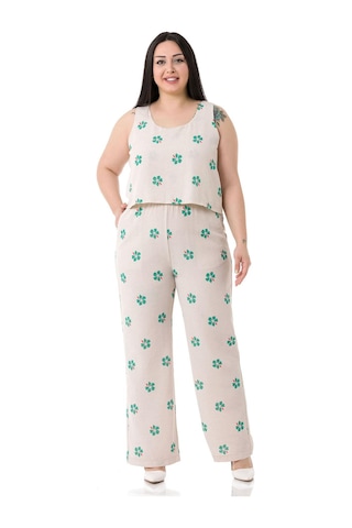 Büyük Beden Kalın Askılı Fermuarlı Beli Lastikli Yeşil Çiçekli Kadın Tulum