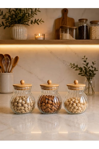 Qerhome Bambu Kapaklı Borosilikat Cam Kavanoz Seti Çizgili Erzak Ve Bakliyat Saklama Kabı 3 Ad 500 Ml Dr 55 Şeffaf