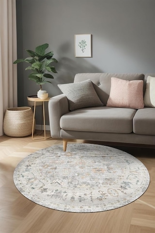 Kadife Kaymaz Pamuk Tabanlı Yıkanabilir Antibakteriyel Yuvarlak Salon Halısı 120x120 Çok Renkli