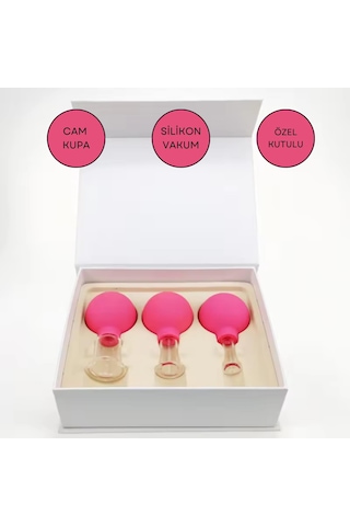 Silikon Vakumlu Cam Yüz Masaj Kupası 3'lü Set Gül Pembe Renk
