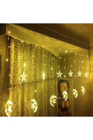 Fastbuy Ramazan Dekorasyonu Led Ay Yıldız Salkımlı Perde, Güneş Işığı Işıltısı Gün Işığı