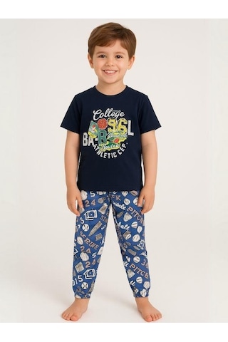 Zekids Erkek Çocuk Pamuklu Kısa Kol College Pijama Takımı-16061 Lacivert