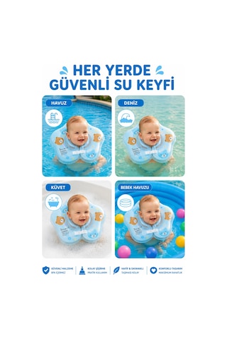 Bebek Boyun Simidi Ayıcık Figürlü Şeffaf Çift Emniyet Kilitli Mavi Nr001