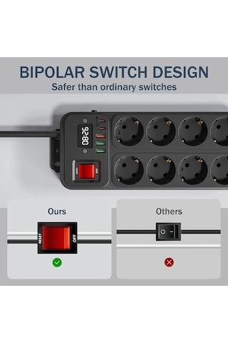 Honeybeeshop 1 Adet Siyah 10 Ft Duvara Monte Dijital Saat 8 Ac Cikisi 5 Usb Portu 15m Uzatma Kablosu Acma Kapama Anahtari Ev Ofis Okul Guç Seridi