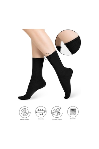 Bambu Kadın Lastiksiz Siyah Soket Dikişsiz Premium Çorap 3'lü Pkt Siyah