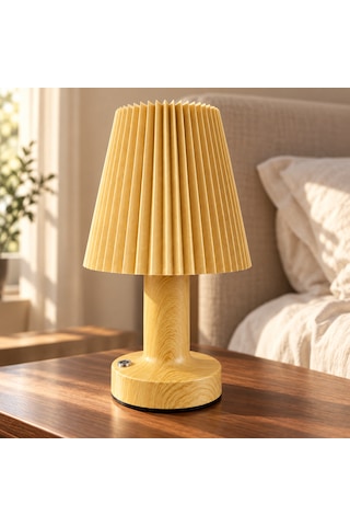 Sleepnova Şarjlı Led Masa Lambası Ahşap Görünümlü Pileli Abajur 3 Işık Modlu 15x13 Cm Ahşap - Bej