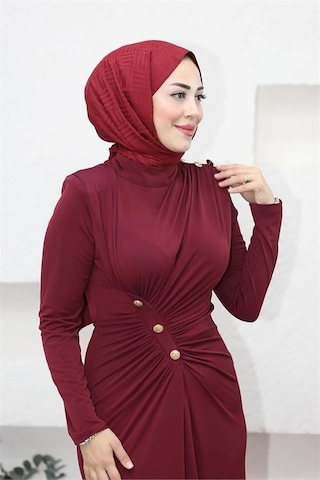 Neşeli Butik Kadın Likralı Düğme Detaylı Tesettür Elbise Nms046 Bordo