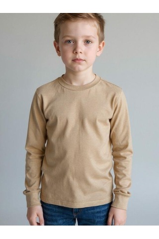 Zekids Erkek Çocuk Pamuklu Uzun Kol Basic T-shirt-16713 Bej