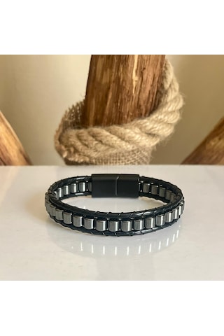 %100 Deri&hematit Kombinli Erkek Bileklik Boyut Net 21cm Füme