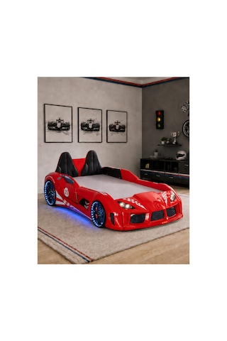 Setay Arabalı Yatak, Raceing Car V8 Full Ledli Koltuklu Arabalı Yatak - Kırmızı 100x190