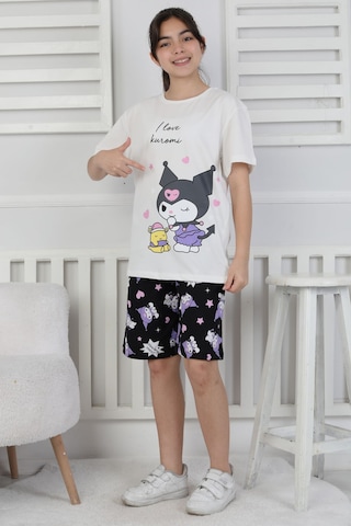 I Love Kuromi Baskılı Kısa Kollu Şort Pijama Takımı Mor