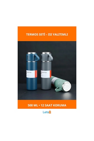 Paslanmaz Çelik 500ml Termos Ve 3 Adet Bardaklı Set Çok Renkli