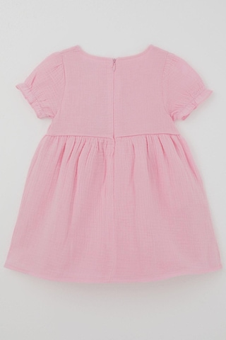 Breeze Kız Çocuk Elbise Çiçek Nakışlı Kolları Lastikli Fiyonk Aksesuarlı 1-4 Yaş , Pembe