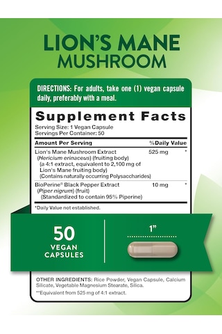 Nature's Truth, Lion's Mane Aslan Yelesi Mantarı Mushroom Plus Bioperine , 2100 Mg, 50 Capsules Aromasız