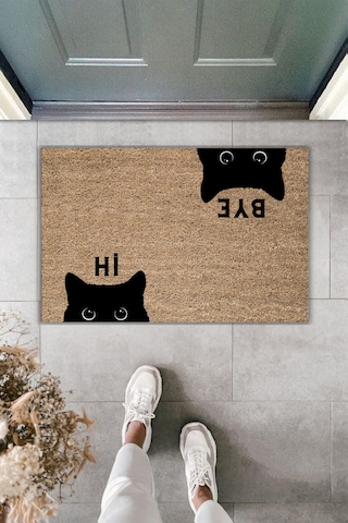 Rugmood Modern Dijital Baskı Paspas - Hi, Bye Kedi - Kapı Önü Paspası 70x45cm Kahverengi