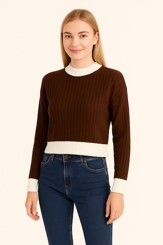 Hira Life Fashion Kadın Bisiklet Yaka Fitili Ve Şerit Detaylı Crop Triko Kısa Kazak Kahverengi Kahverengi