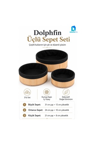 3 Lü Yuvarlak Sepet Seti Kumaş Kaplı Dekoratif Düzenleyici Sepet 31-24-21 Cm Kahverengi - Siyah