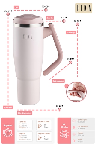 Fika Lumi Patentli Döner Kulplu Sızdırmaz Çelik Termos 1200 Ml - Bej Pembe