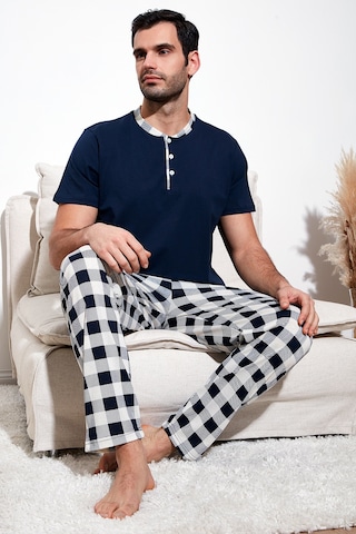 Buratti Ekoseli Pamuklu Regular Fit Kısa Kollu Erkek Pijama Takımı 60961007 Lacivert-Beyaz