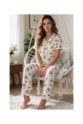 Angbutik Avokado Desenli Kısa Kollu Gömlek Yaka Milan Kumaş Kadın Pijama Takımı Renkli