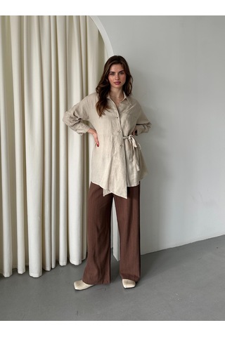 Natural %100 Pamuk Çapraz Düğmeli Beli Kemerli Gömlek Natürel