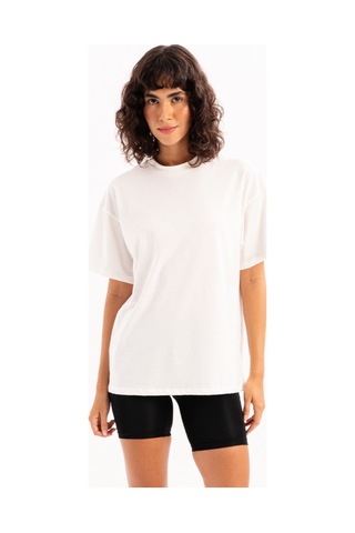 Justever 100% Pamuk Oversize Fit Bisiklet Yaka Ekru Kadın T-shirt - Halo Ekru