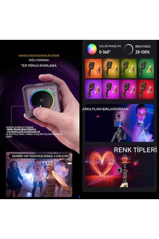 Rgb Led Telefon Selfie Işığı Şarjlı Mini Video Çekim Lambası 3000 Mah Canlı Yayın Işığı 2900-9000k Gümüş - Siyah