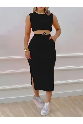 Modaserdem Kadın Iki Iplik Crop Etek Ikili Takım Siyah