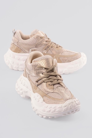 Mubiano Kadın Sneaker Kalın Taban Gold Yılan Baskı Detaylı Bağcıklı Spor Ayakkabı Stellix Bej Bej