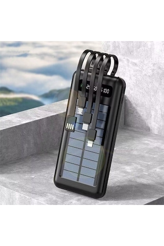 Solar 10.000 Mah Güneş Enerjili Led Işıklı Powerbank Şarj Aleti 2x Usb Çıkışlı Mikro Typc Lıghtnıng Siyah
