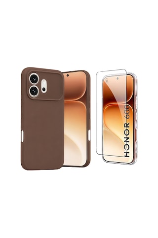 Honor 600 İle Uyumlu Kılıf Esnek Premium Telefon Kılıfı Ve Temperli Cam Ekran Koruyucu Kahverengi