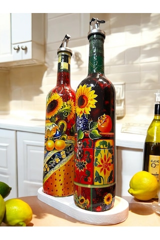 Akdeniz Mutfağı Ve Ayçiçeklerinden İlhamla Tasarlanan Cam Yağdanlık, Sirkelik Ve Sosluk Seti, Mutfak Kırmızı - Sarı