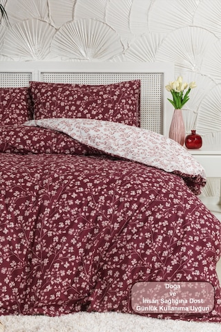 Elart Jasmin Nevresim Takımı Çift Kişilik %100 Pamuk Ranforce Lastikli Çarşaf 200x220 Cm Bordo Bordo
