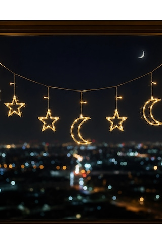 Büyük Ay Yıldız Led Ramazan Süsü Sıcak Beyaz Dekoratif Işık Çok Renkli