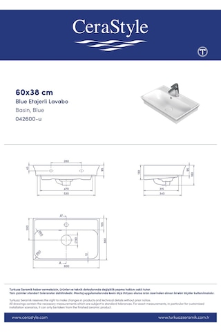 Turkuaz Cerastyle Blue Etajerli Lavabo 60 38 Cm Seramik Kapak Dahil Beyaz