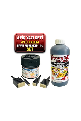 Grocery Market Kalemi 4 Lü Set + Market Yazı Mürekkebi Siyah Renk Çok Renkli