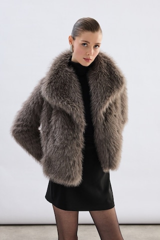 Sateen Geniş Yakalı Simli Kürk - Füme-136719 Füme