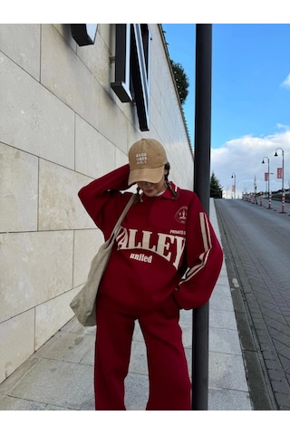 Reka Moda Üç İplik Yakalı Sweat Baggy Pantalonlu Takım - Bordo Bordo