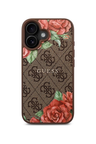 Apple Uyumlu iPhone 16 Plus Kılıf Guess Lisanslı Magsafe Şarj Özellikli Gül Baskılı Yazı Logolu Kapak Kahverengi