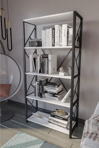 Morpanya Mars Metal Kitaplık Dekoratif 5 Raflı Geniş Kitaplık Dosya Kitap Rafı Ofis Ev Rafı Beyaz
