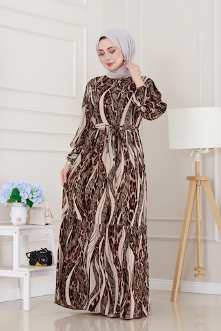 Sevitli Leopar Desenli Beli Tünelli Viscon Elbise-bej-5088 Bej