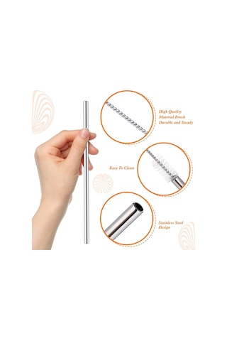 Ekstra Uzun Paslanmaz Çelik Pipet Seti 3 Parça Eğri + Düz + Fırça