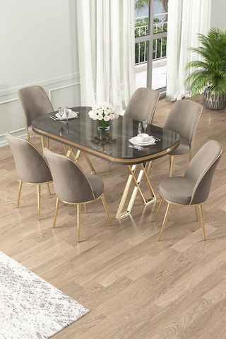 Canisa Lai Serisi 90x168 Lak Panel Antrasit Ironi Gold Ayak Masa Takımı 6 Cappucino Sandalye Masa Antrasit İroni Sandalye Cappucino Ayak Gold