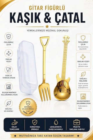 Jojobebek Gold Renk Gitar Tasarımlı Paslanmaz Çelik Kaşık ve Paslanmaz Çelik Çatal + Saklama Kutusu Sarı