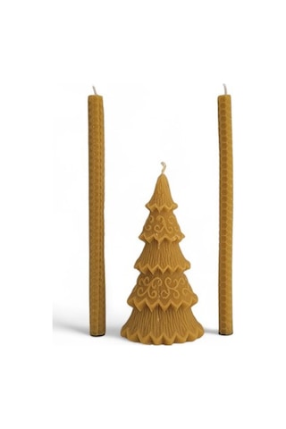 Bal Mumu Çam Ağaçlı Üç'lü Mum Seti Sarı