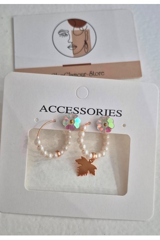 Glamglamour Küçük Halka İncili Küpe Seti Rose Gold