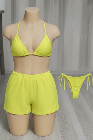 Modi Kadın 3'lü Set Fosforlu Şortlu Ve Yandan Bağlamalı Bikini Mayo Takımı Siyah