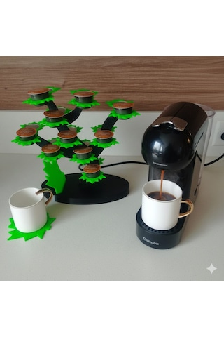 Akçaağaç Dekoratif Kahve Kapsül Standı Ve 2 Adet Bardak Altlığı-çift Taraflı Kullanım-37 Mm Ve 46 Mm Kapsül Uyumlu-mavi Yeşil