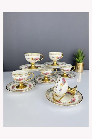 Lüx Porselen Ayaklı Vintage 6 Lı Fincan Takımı Çok Renkli